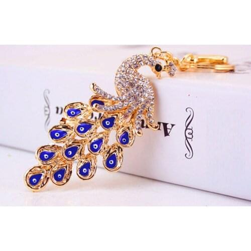Crystal Rhinestone Turkish Evil Eye Keychains Peacock Amulet Gold Color Key