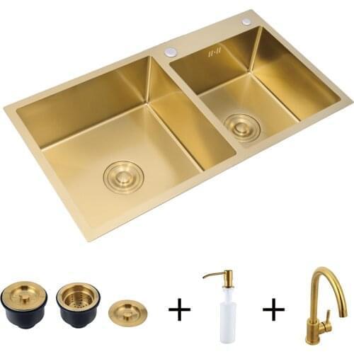 Above Counter Double Tank 304 Stainless Steel Brushed Gold Kitchen Sink with Faucet Household Sink Under Mount Farmhouse Sink