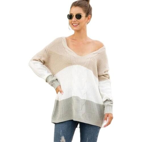 Sweater Women 2021 fall winter New outer Womens knitted sweater V-Neck strapless twist color block pullover sweater