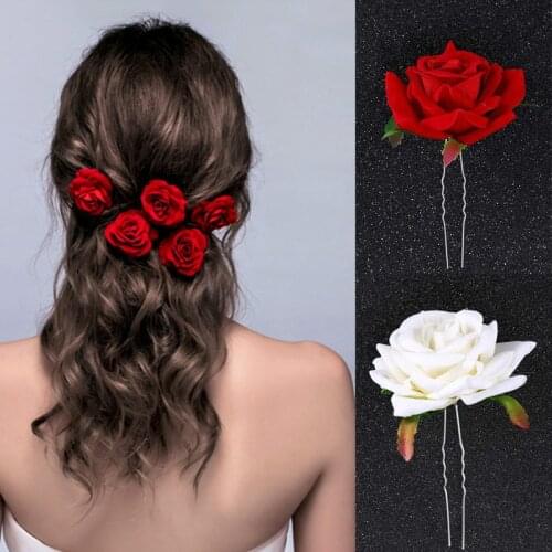 U Type Red Rose Wedding Bride Jewelry Hair Accessories Hair Fork Silk Flower Headdress Handmade Party Wedding Decoration
