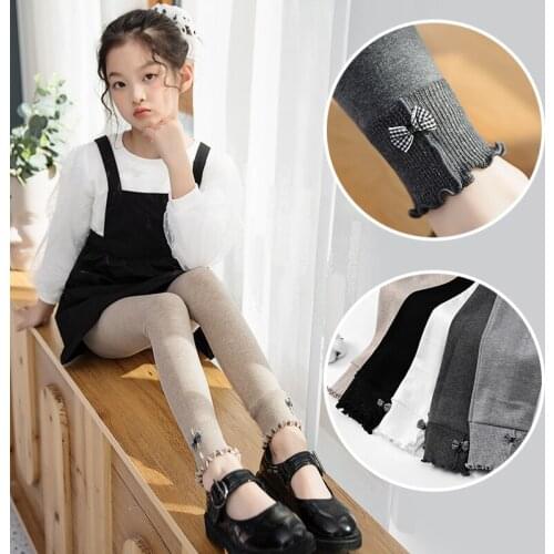 Spring and autumn cotton bowknot crocheted pants with wooden ears for girls Korean version of solid color anti-pilling leggings