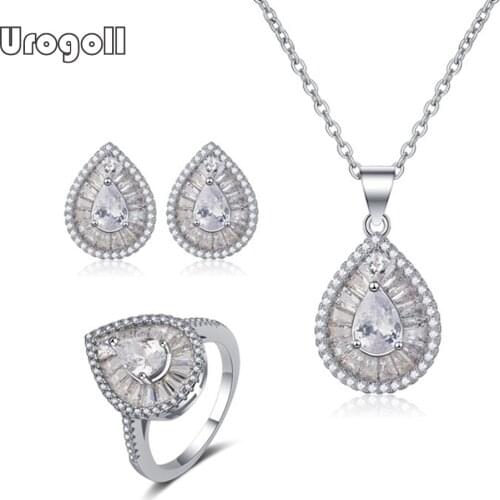 Pure 925 Sterling Silver Bridal Water Drop Jewelry Sets Luxury Necklace Earring Ring For Women Engagement Silver 925 Jewelry