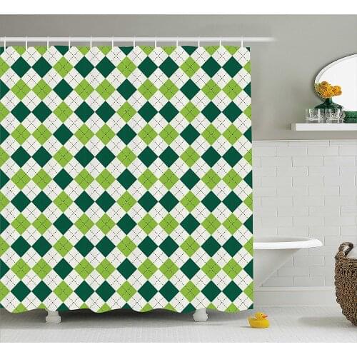 Geometric Shower Curtain Classical Diamond Line Pattern with Dotted Lines Vintage Waterproof Polyester Bath Curtain With Hooks