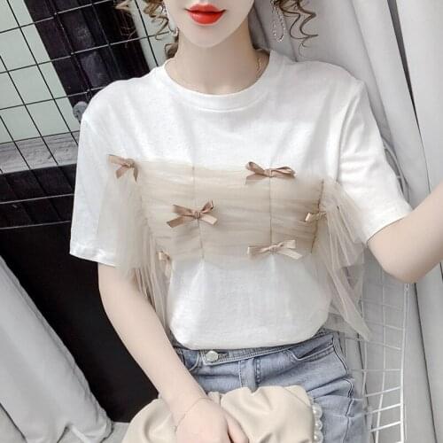 Summer T Shirt Women 2021 New Western Style Round Collar Loose Stitching Bowknot T-shirt Woman Female Tee Tshirts SZH884336