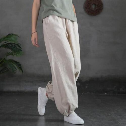 Johnature Women Cotton Linen Leisure Elastic Waist Harem Pants 2021 Autumn New Loose Comfortable All-match Full Length Pants