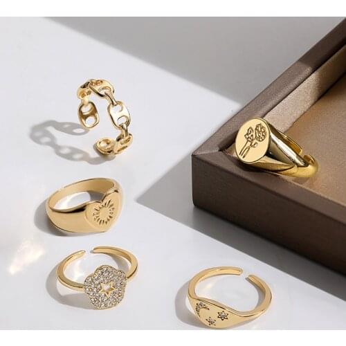 Fashion Rose Flower Ring Gold Metal CZ Moon Star Heart Finger Ring For Women Vintage Adjustable Chain Rings Jewelry Bijoux Femme
