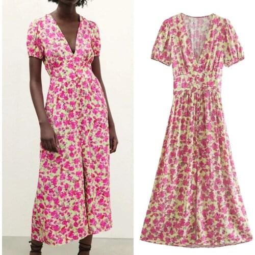 Za 2021 Floral Long Dress Women Pink Midi Summer Dress Woman Vintage Ruched Slit Short Puff Sleeve Elegant Ladies Dresses