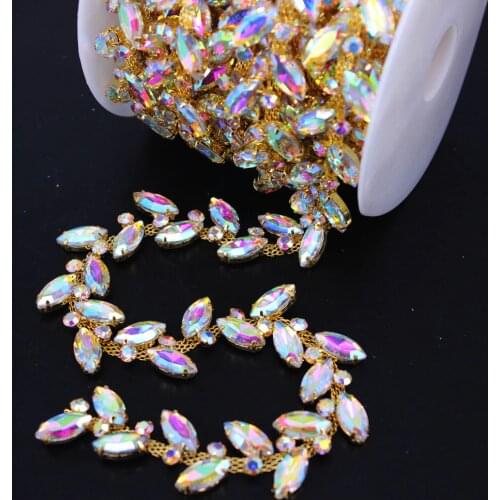 1 Yard Gold AB Crystal Beaded Accessory for Wedding Dress Sash Belt Headpiece Bags Wedding Rhinestone Applique cup chain Trim
