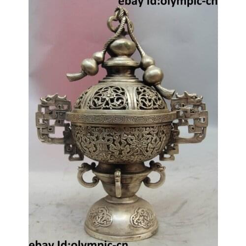 11" China Tibet Silver Bottle Gourd Eight treasures Incense Burner Censer Statue