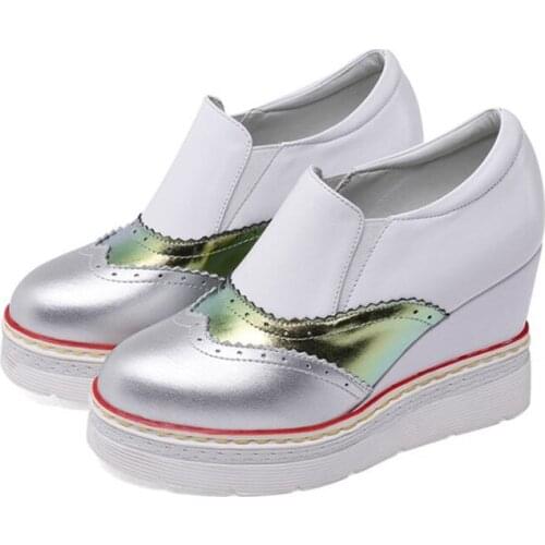 Brand Genuine Leather Shoes Wedge Women High Heels Brogue Shoes Woman Slip On Platform Shoes Women High Quality