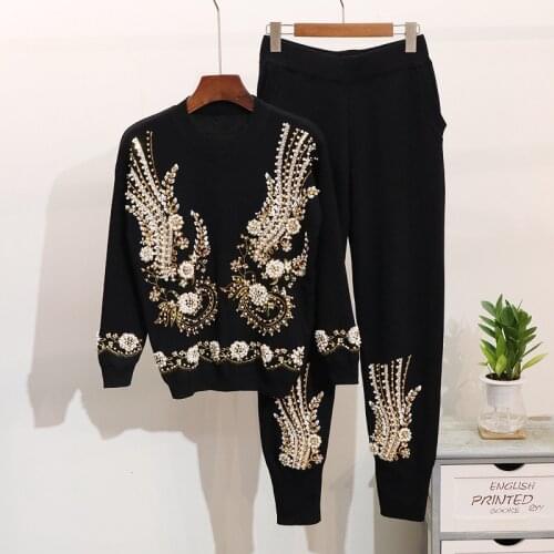 Sequin Bedding Sets Women Pullovers Trousers Spring Long Sleeve Knit Sweater Tops Knitted Harem Pants 2 Pieces Sets Tracksuits