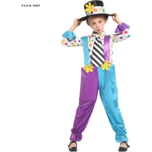 Girls Halloween Circus Clown Costumes Children Boys Joker droll Cosplays Carnival Purim parade Stage play Masquerade party dress