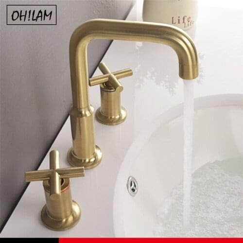 Brushed Gold Widespread Brass Double Handle Deck Mounted Bathroom Sink Faucet Hot & Cold 3 Holes Swivel Basin Faucet Gold Tap