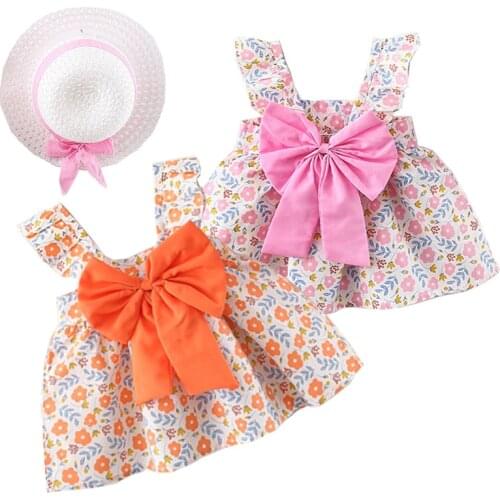 Lovely Summer Baby Girls Dress With Hat Big Back Bow Cotton Toddler Outfit Floral Kids Clothes