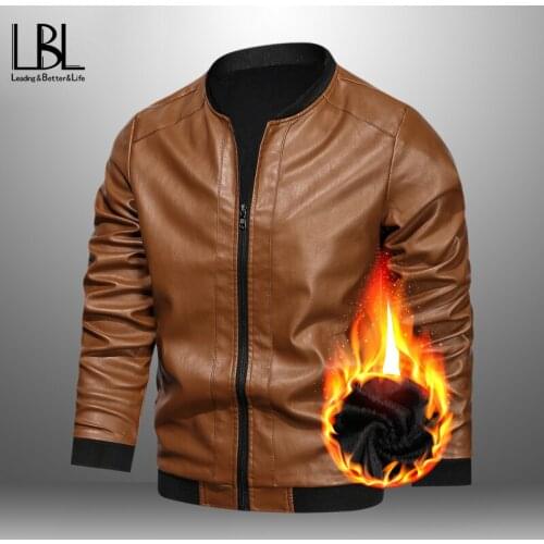 Mens Causal Fleece Leather Jackets Motorcycle Man Jackets Outwear Leather Coats Streetwear Clothes Male Fashion Baseball Jackets