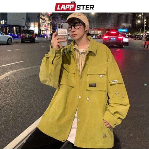 LAPPSTER Men Corduroy Embroidered Harajuku Jackets 2021 Mens Oversized Japanese Streetwear Windbreaker Male Pocket Korean Jacket