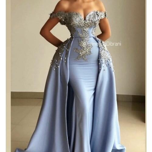 Sky Blue Evening Dresses With Detachable Train Off Shoulder Beaded Crystal Mermaid Prom Dress Custom Made Vestidos Women Gowns