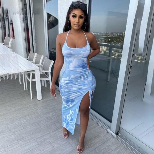 Summer Womens New Style 2021 Tie-dye Rope Side Slits Womens Long Skirt Strapless Party Club Fashion Slim Back Tight Dress