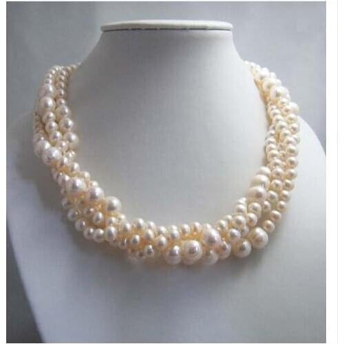 New Arriver,Handmade Pearl Jewellery,4Rows White Round Freshwater Pearl Necklace,Shell Flower Clasp,Perfect Women Jewelry Gift