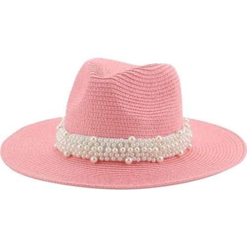 Sun hats women men summer spring round top wide brim with band belt pearl straw hats outdoor beach sun protective women hats new