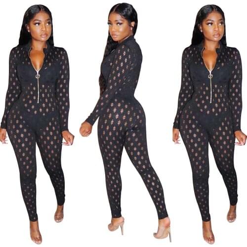 Sexy Hollow Out Mesh Women Skinny Jumpsuits Autumn Long Sleeves Zipper V Neck Sexy Nightclub Party Ladies Outfits New Arrivals