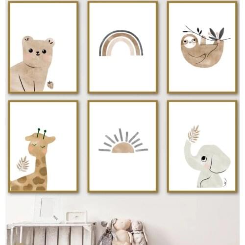 Nordic Posters And Prints Bear Elephant Giraffe Sloth Sun Rainbow Wall Art Canvas Painting Cartoon Wall Pictures Kids Room Decor