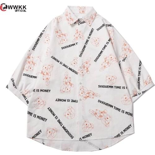 WWKK 2021 Men Short Sleeve Lapel Printed Shirt Little bear Pattern Floral Shirt Casual Summer Hawaiian Holiday Camisa Tops M-2XL