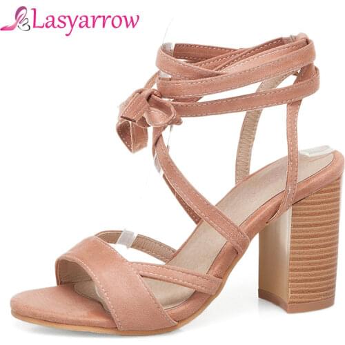 Lasyarrow woman shoes chaussure femme cross-tied lace up Zapatos Mujer ladies summer sandals women chunky high heels pumps J626
