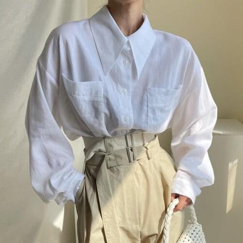 ZCSMLL Korea fashion Basic Pointed Collar Single-breasted Loose Solid Color Wild Double Pocket Long Sleeve Shirt women Top
