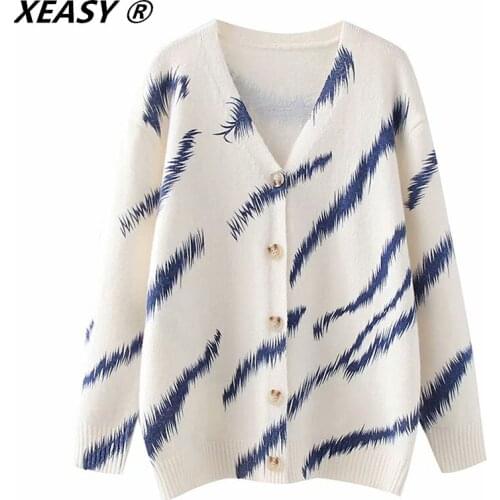 XEASY 2021 Women Fashion Printed Sweater cardigan Vintage V-Neck Single-Breasted Female Street Style Outerwear Knitting Top