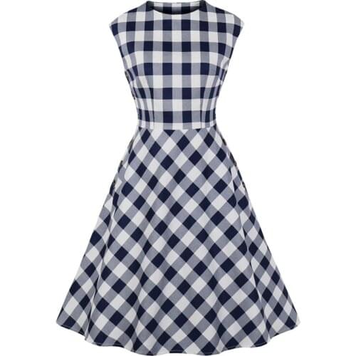 2021 Blue Plaid 50s Pinup Robe Women Dress Button Side Gingham Cotton Vintage A-Line Summer Sleeveless Ladies Rockabilly Dresses