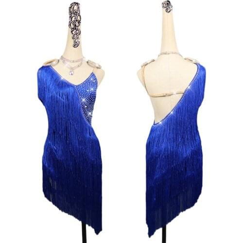 New Latin Dance Dress Women Competition Performances Dresses Female Adult Professional Sexy Blue High-end Fringe Dance Skirt