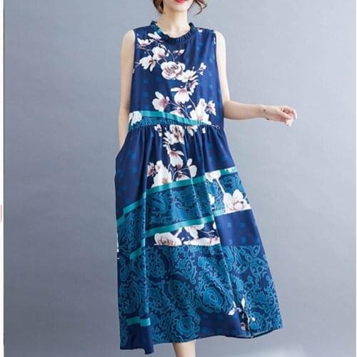 Sleeveless Loose Summer Dress Patchwork Print Floral Chiffon Dress Edible Tree Fungus Fashion Women Holiday Travel Casual Dress
