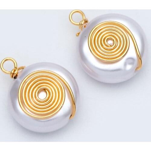 10pcs Wire Wrapped Coin Faux Pearl Charms 16x12mm, 18K Gold plated on Brass Pendants, Earring Components Wholesale (GB-695)