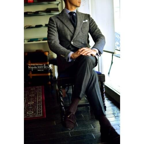 2017 Latest Coat Pant Designs Grey Double Breasted Tweed Men Suit Terno Slim Fit Skinny 2 Piece Tuxedo Custom Blazer Masculino