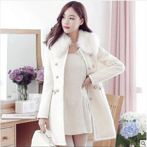 2021 Winter Overcoat Womens Slim Woolen blended Double-breasted fur collar Coat Winter white black plus size XXL Outwear Y111