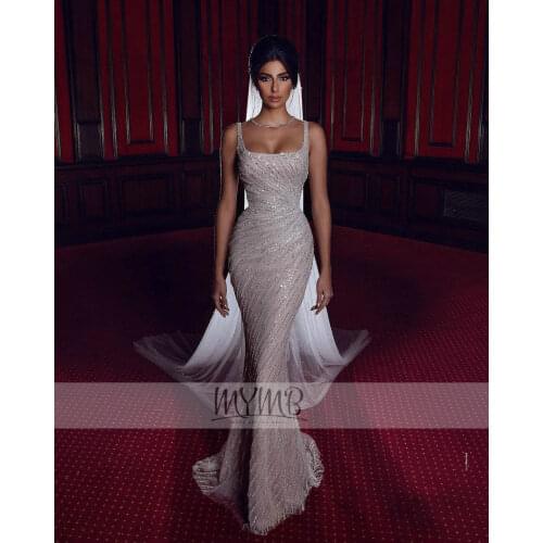 2021 Sparkly Dubai Silver Evening Formal Dresses Scoope Neck Slim Beaded Women Wedding Prom Party Gowns With Detachable Train