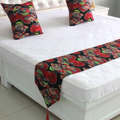 Black and Red Fans Printing Bedspread Japanese Rural style Bed Runner Bedding Scarf Wedding Party Home Hotel Bedroom Decoration