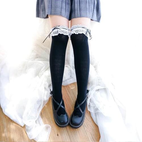 Japanese Lolita Thigh High Stocking Women Lace Tops Ribbon Over The Knee Socks Autumn Winter Warmer Cotton Sexy White Stockings
