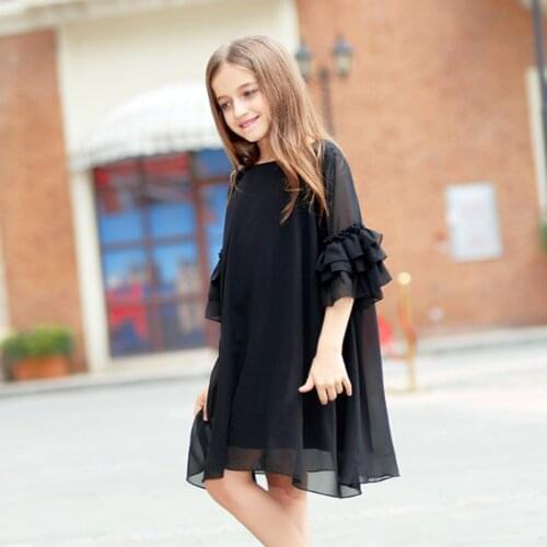 Kids Girls Dress Summer Black Short-sleeve Flare Sleeve Chiffon Big Girls Dresses 6 8 10 12 14 16 year Teens Children Girl Dress