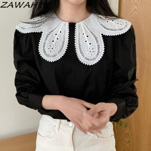 ZAWAHIKI Elegant Korean Chic Autumn French Vintage Contrast Color Lace Flower Peter Pan Collar Puff Sleeve Buttons Women Tops