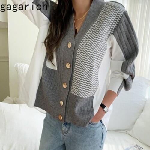 Gagarich Chic Knitting Cardigan Woman Korean All-match Loose V-neck Single breasted Ripple Stitching Shirt Simple Female Top Ins