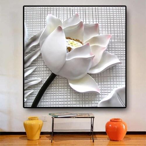 1PCS Modern 3D White Lotus Flowers HD Print Canvas The Paintings Abstract Modular Oil Painting Wall Art Pictures For Living Room