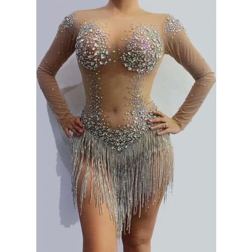 Tassel Silver Rhinestone Nude Dress Sexy Women Dance Costumes Singer DJ DS Beyonce Dancewear Pole Dance Bar Gogo Dancer Outfits