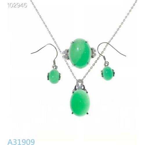 KJJEAXCMY Fine jewelry 925 sterling silver inlaid natural green chalcedony earrings necklace pendant ring set support detection