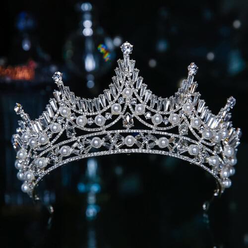 KMVEXO New Drop Tiara Crystal Pearl Headdress Wedding Hair Accessories Crown Head Jewelry Headband Party Headpieces