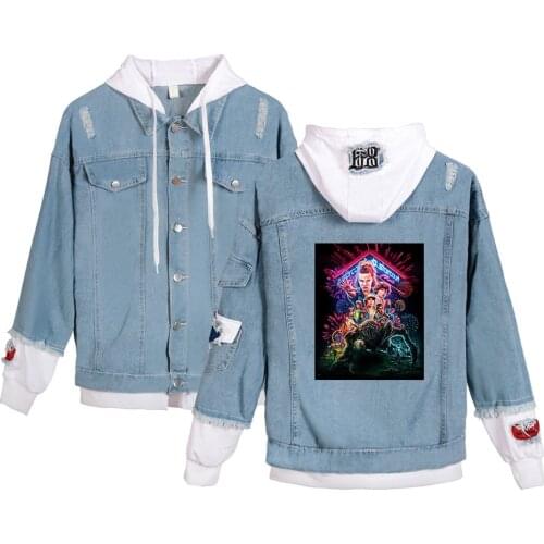 Stranger Things Denim Jacket Streetwear Hip Hop Fashion Hole Denim Jacket Men Women Autumn Winter Warm Hooded Denim Jacket Coats