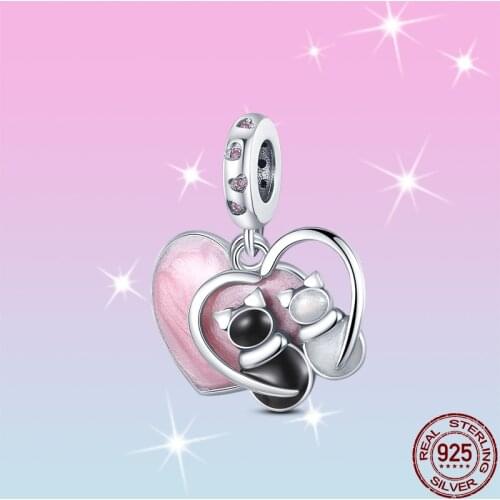 HOT SALE 925 Sterling Silver Heart-Shaped Couple Cats Charm Beads Fit Original Pandora Bracelet Pendant Necklace Jewelry