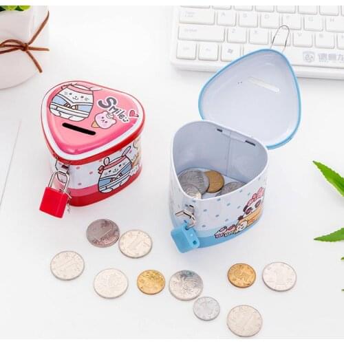 Cartoon Animals Money Box Tinplate Heart Shaped Piggy Bank With Lock Coin Collection For Kids#869