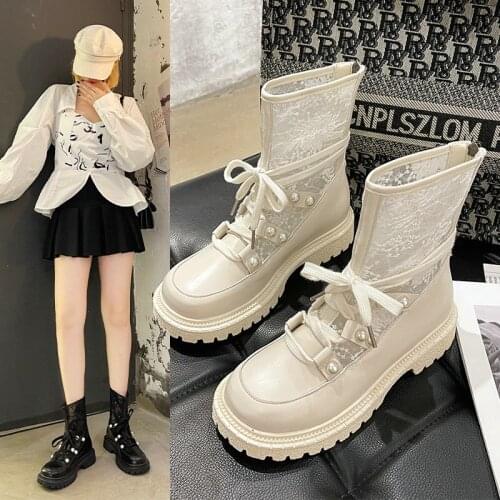 2021 New Lace Martin Boots Women Autumn Casual Breathable Thin Boots Pearl Rear Zipper Short Boots Women